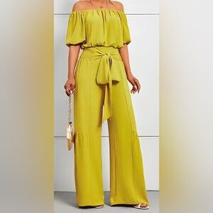 Off-Shoulder Wide-Leg Jumpsuit in Chartreuse